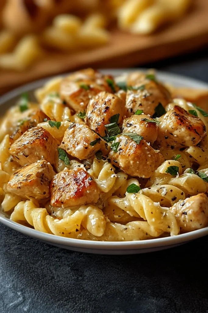 Delicious Garlic Butter Chicken Parmesan Pasta dish garnished with herbs.