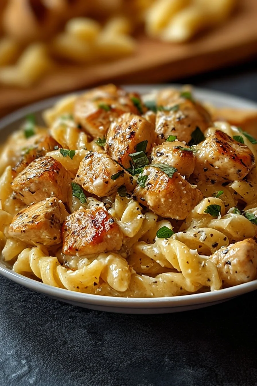Delicious Garlic Butter Chicken Parmesan Pasta dish garnished with herbs.