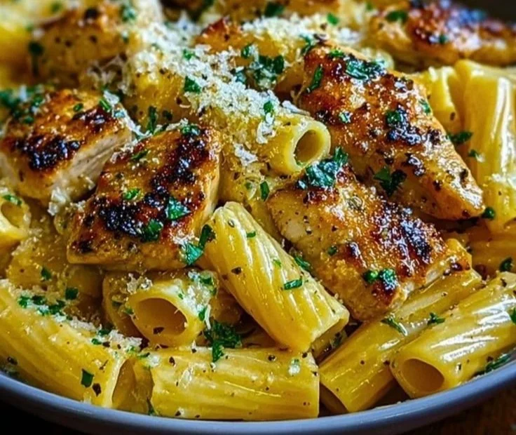 Delicious Garlic Butter Chicken Rigatoni with herbs and spices
