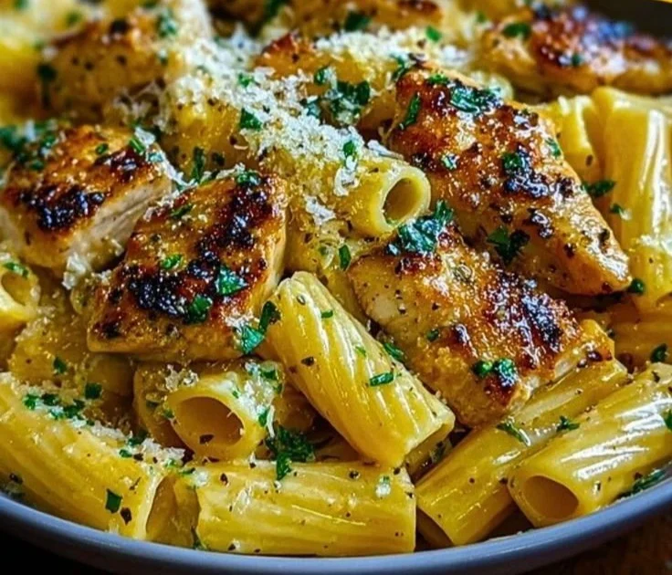 Delicious Garlic Butter Chicken Rigatoni served in a bowl