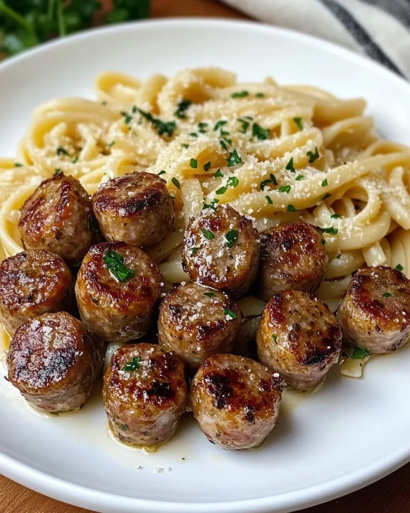 Creamy Garlic Butter Sausage Pasta garnished with Parmesan cheese.