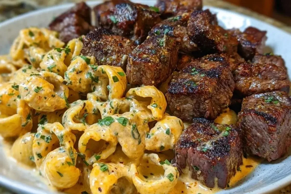 Delicious garlic butter steak bites served with creamy chipotle white cheddar shells