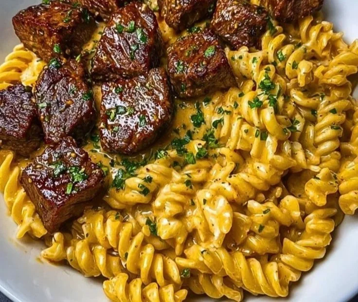Delicious Garlic Butter Steak Bites paired with Spicy Cajun Alfredo Twisted Pasta