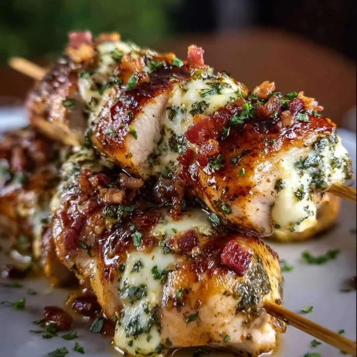 Delicious Garlic Mozzarella Chicken Bomb Skewers ready to be grilled and served.