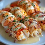 Garlic Parmesan Lobster Tails served with rich Alfredo sauce on a plate