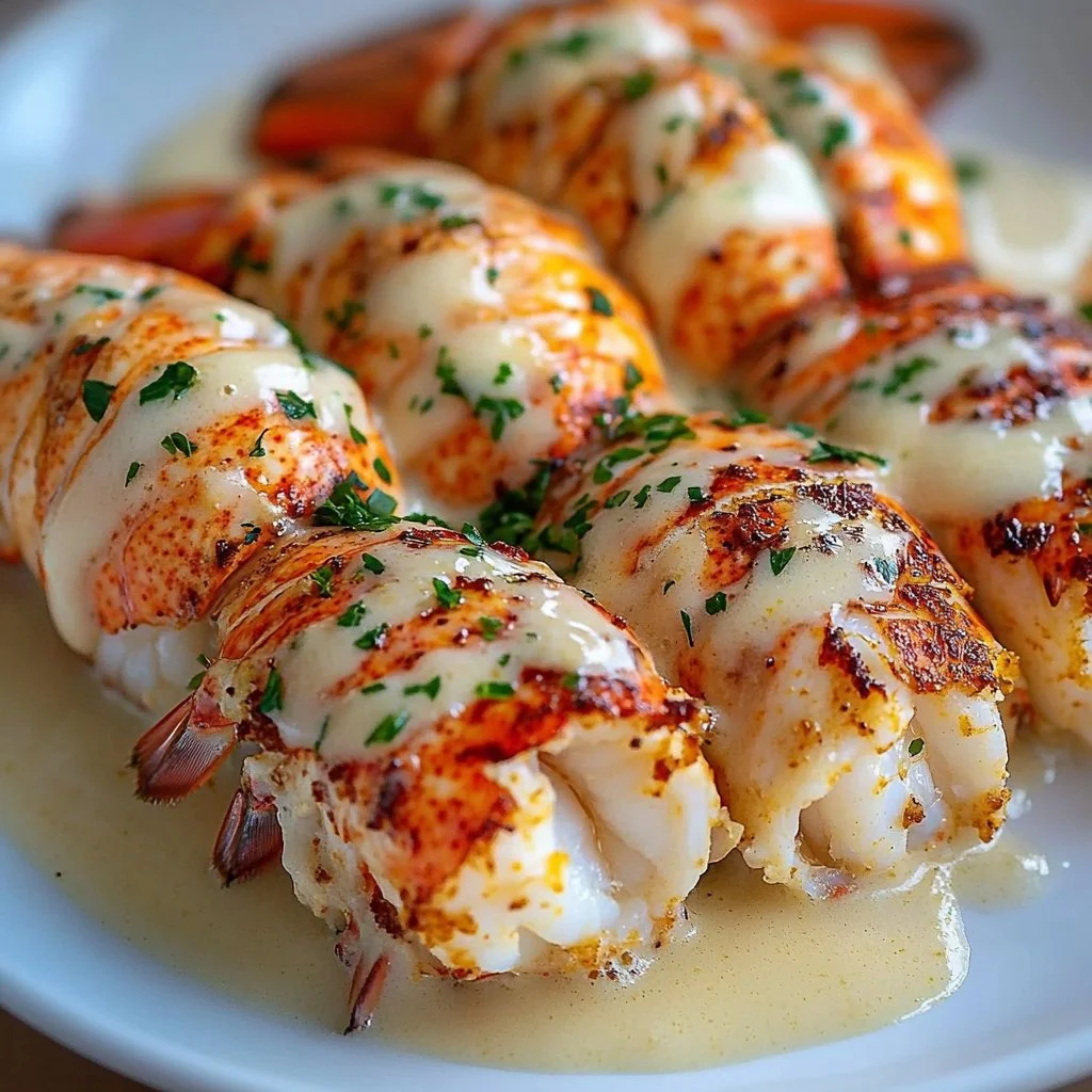 Garlic Parmesan Lobster Tails served with rich Alfredo sauce on a plate