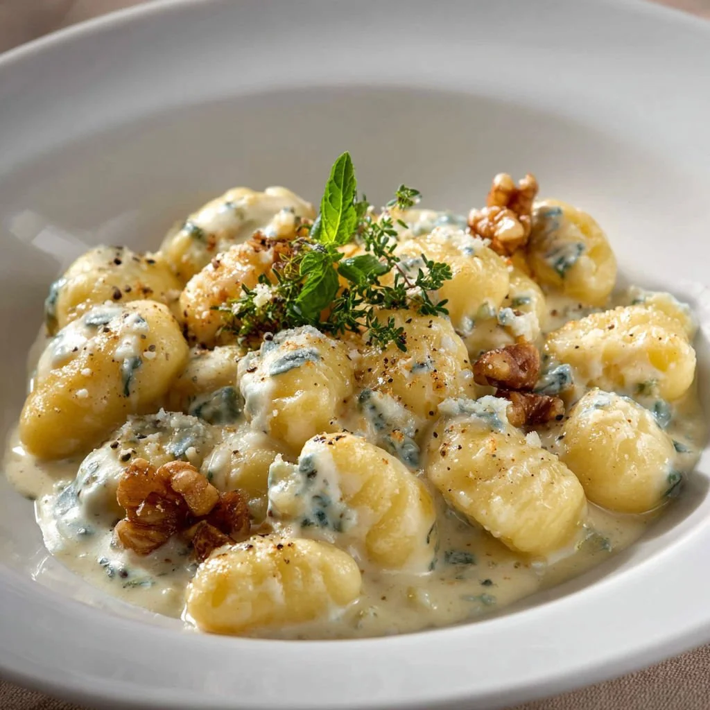 Plate of gnocchi with rich Gorgonzola cream sauce garnished with herbs