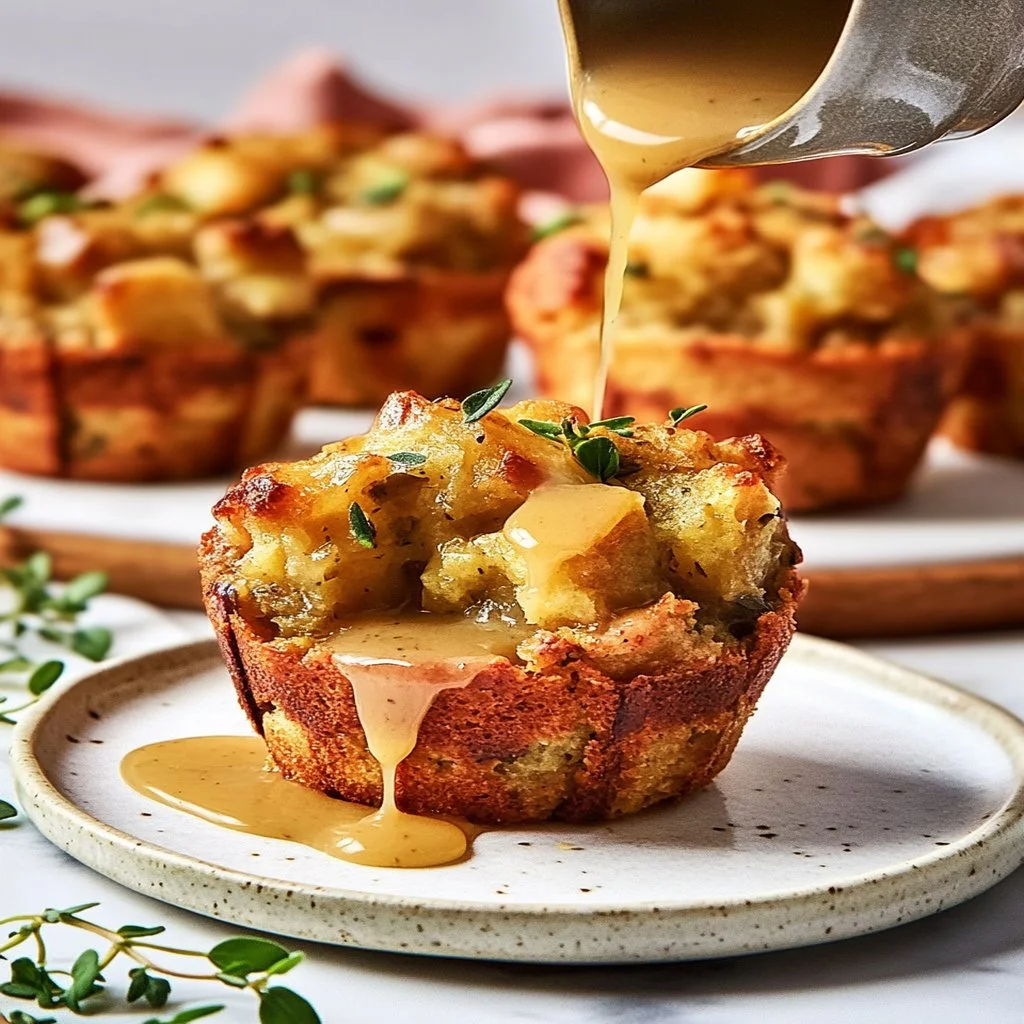 Gravy-stuffed stuffing muffins topped with herbs on a wooden platter