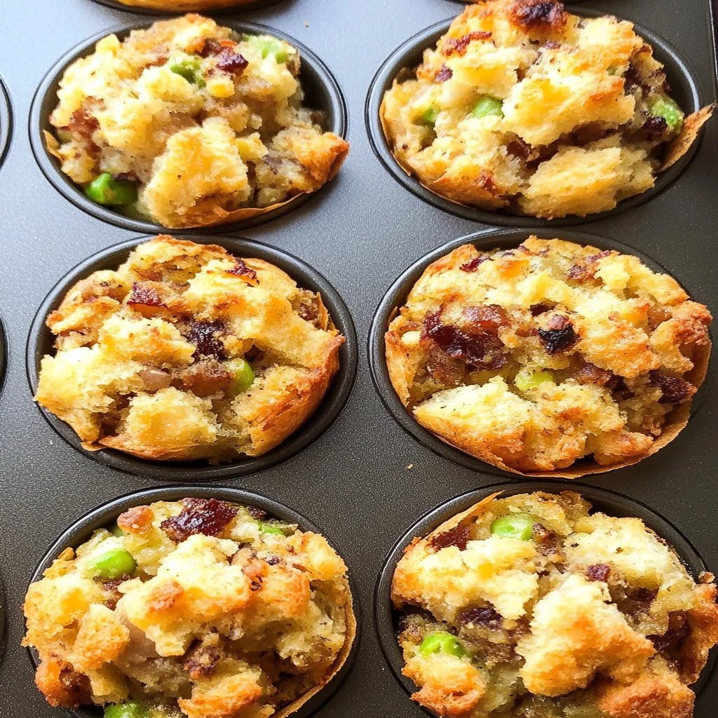 Gravy-stuffed stuffing muffins served on a plate with herbs and gravy drizzle