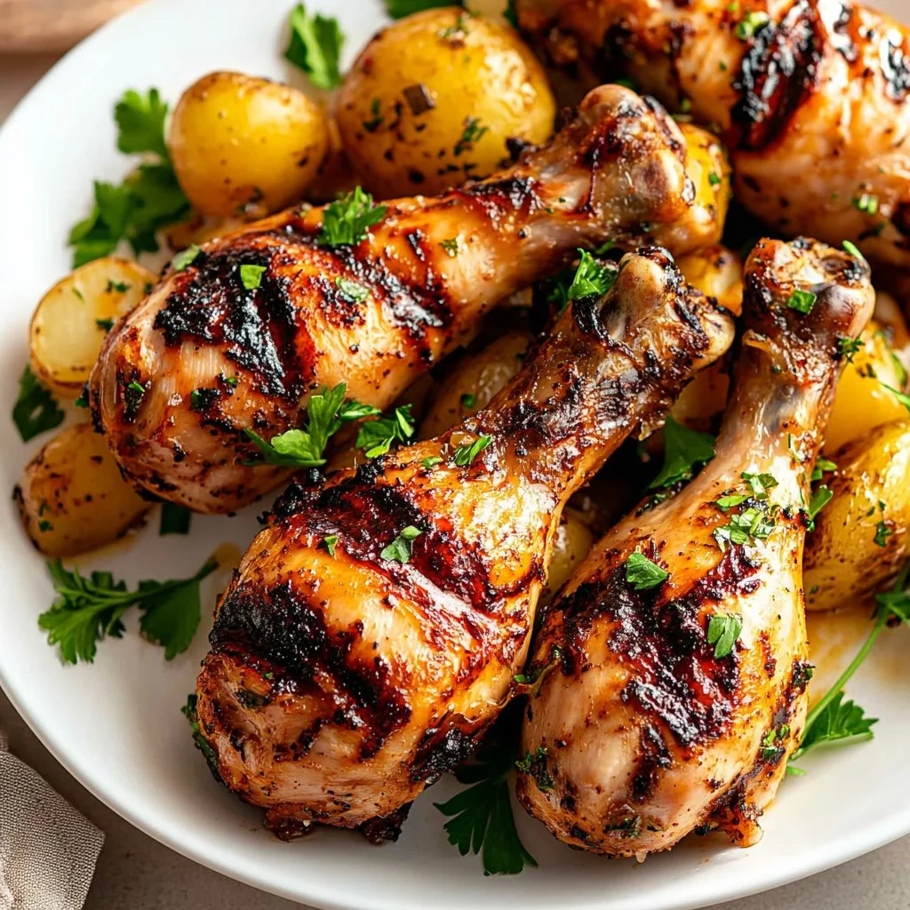 Grilled chicken drumsticks with roasted potatoes on a plate