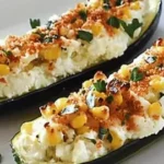 Grilled corn-stuffed zucchini boats garnished and ready to serve.