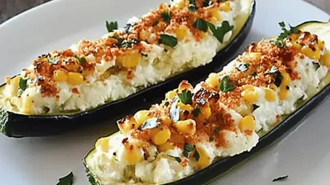 Grilled corn-stuffed zucchini boats garnished and ready to serve.