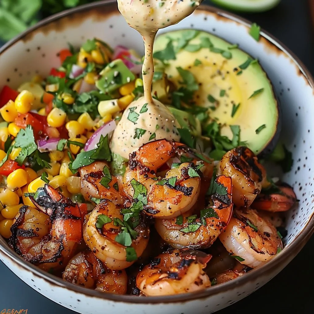 Grilled shrimp served with avocado and corn salsa