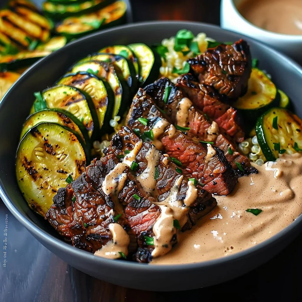 Grilled steak creamy zucchini bowl with fresh ingredients and flavorful toppings