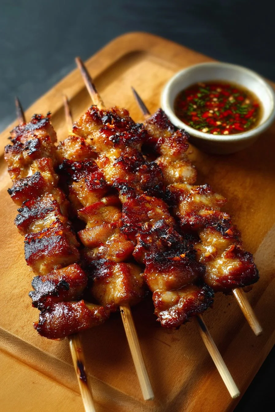 Grilled Thai coconut chicken skewers on a platter with fresh herbs and lime