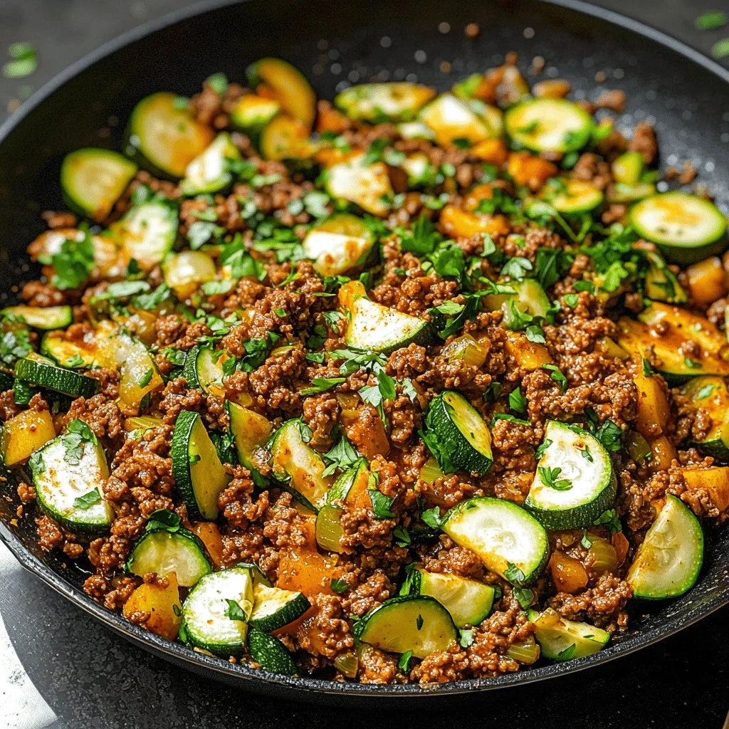 Skillet dish with ground beef and zucchini