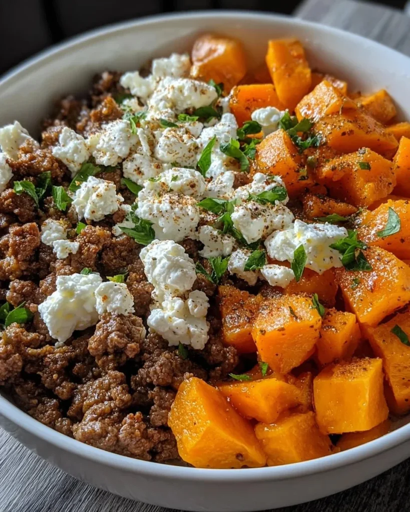 Ground beef sweet potato cottage cheese bowl topped with fresh greens