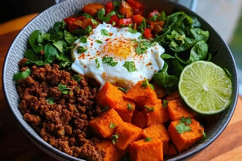 Ground Beef Sweet Potato Power Bowl featuring vibrant sweet potatoes and flavorful toppings