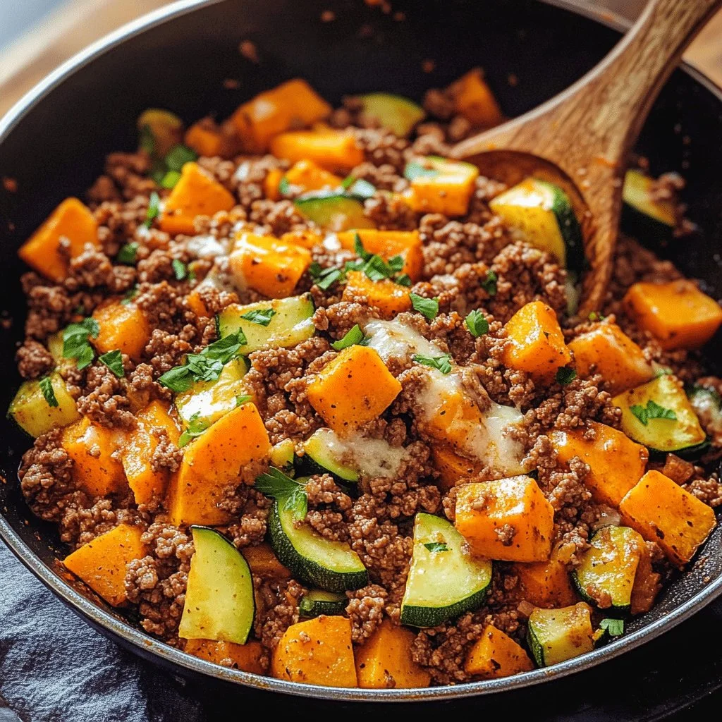 Ground beef zucchinis and sweet potatoes skillet cooked to perfection