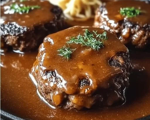 Delicious hamburger steak served with rich gravy on a plate