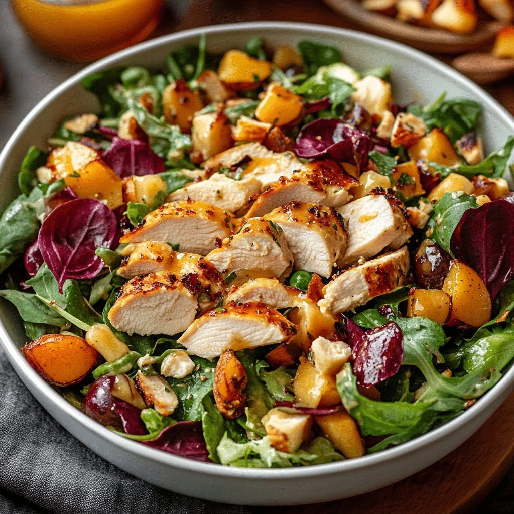 Harvest Chicken Salad topped with Maple Dijon Dressing in a vibrant bowl