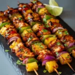 Hawaiian Chicken Pineapple Kebabs ready for grilling with vibrant colors