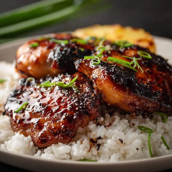 Delicious Hawaiian Chicken dish garnished with tropical fruits and herbs.