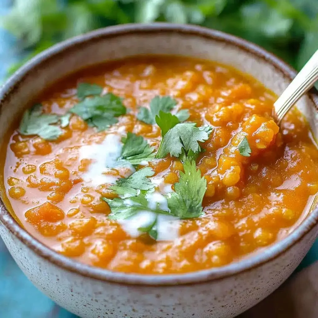Bowl of healing and flavorful curry lentil soup topped with fresh herbs