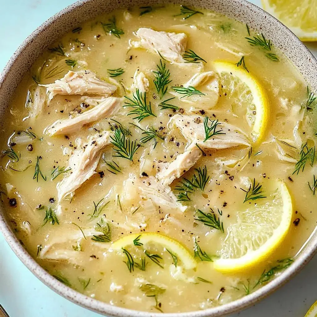 Bowl of healing Greek lemon chicken soup (Avgolemono) with fresh lemon and chicken.
