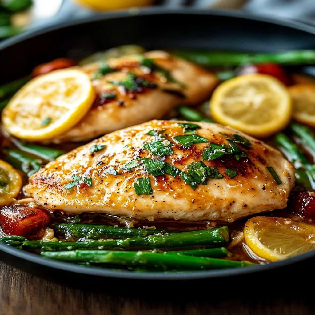 Plate of Healthy Chinese Lemon Chicken garnished with fresh herbs