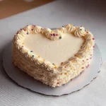 Delicious heart-shaped birthday cake decorated with icing and sprinkles