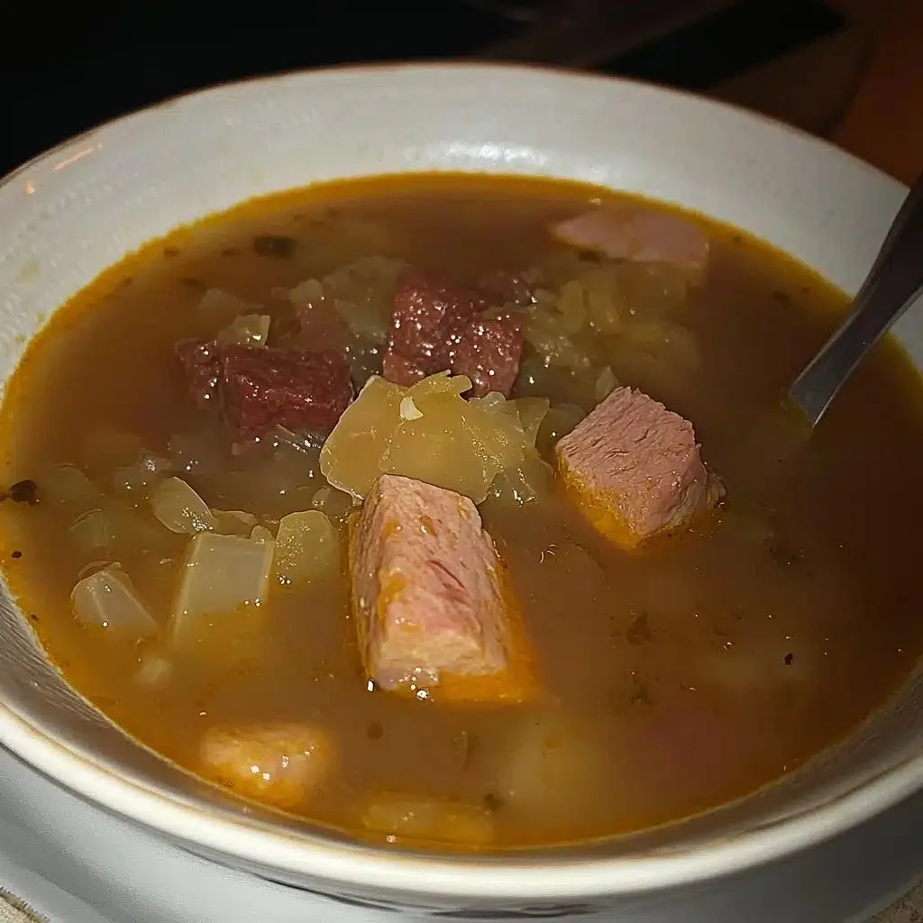Bowl of hearty Czech Sauerkraut Soup garnished with herbs