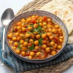 Bowl of hearty Moroccan Chickpea Stew garnished with fresh herbs.