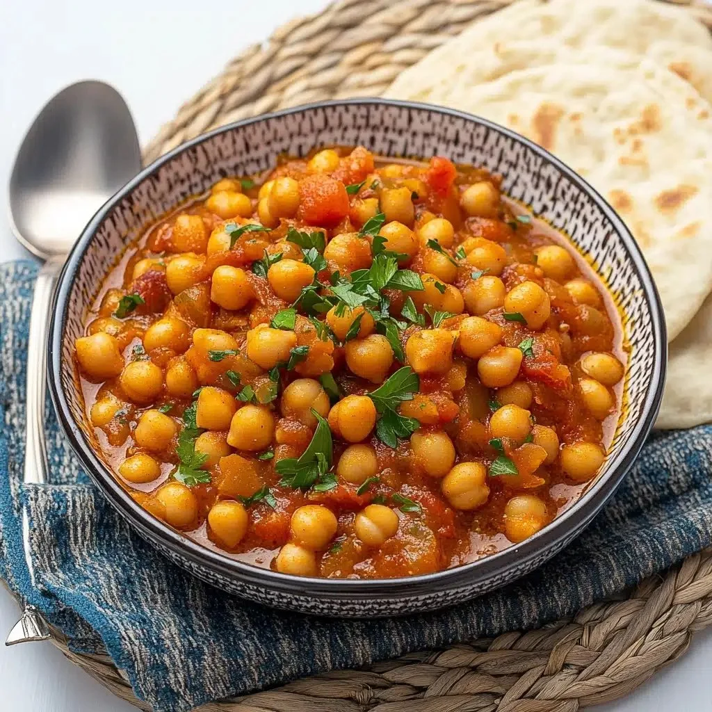 Bowl of hearty Moroccan Chickpea Stew garnished with fresh herbs.