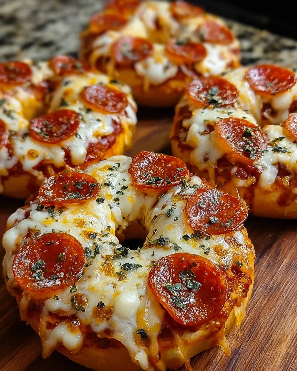 Homemade air fryer pizza bagels topped with cheese and pepperoni.