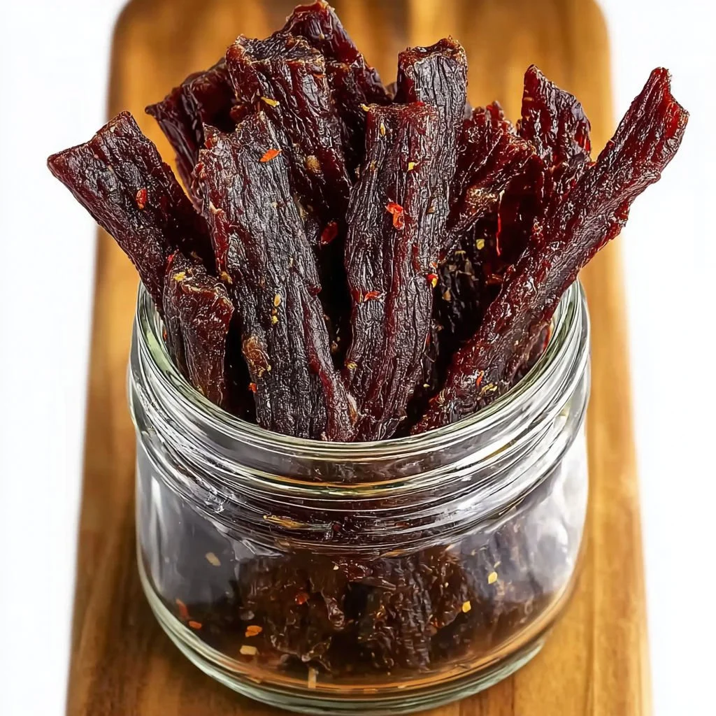 Homemade beef jerky prepared and displayed on a wooden cutting board