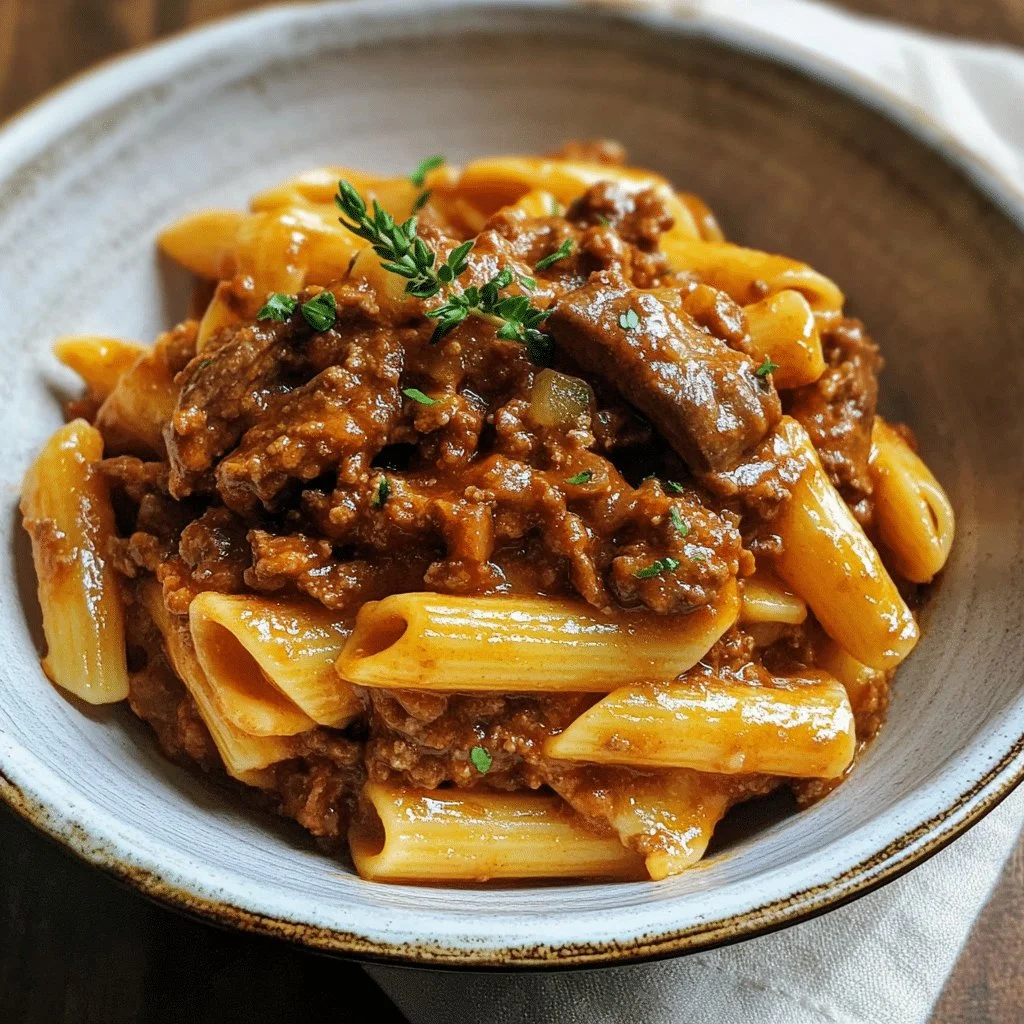 Bowl of homemade beef ragu served with fresh pasta and herbs