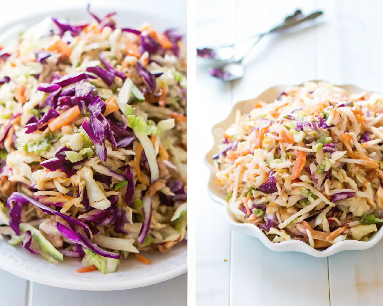 A split screen of two bowls of homemade coleslaw dressing ready to be added to fresh salads