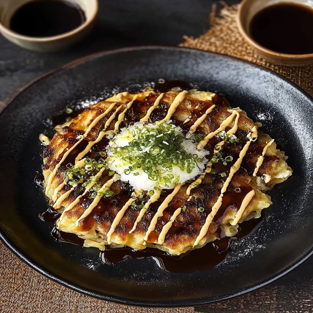 Delicious homemade Okonomiyaki served with toppings in a bowl
