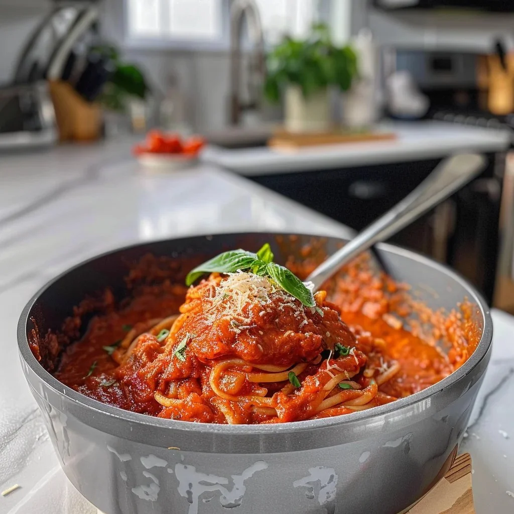Bowl of rich homemade spaghetti sauce with fresh herbs and tomatoes