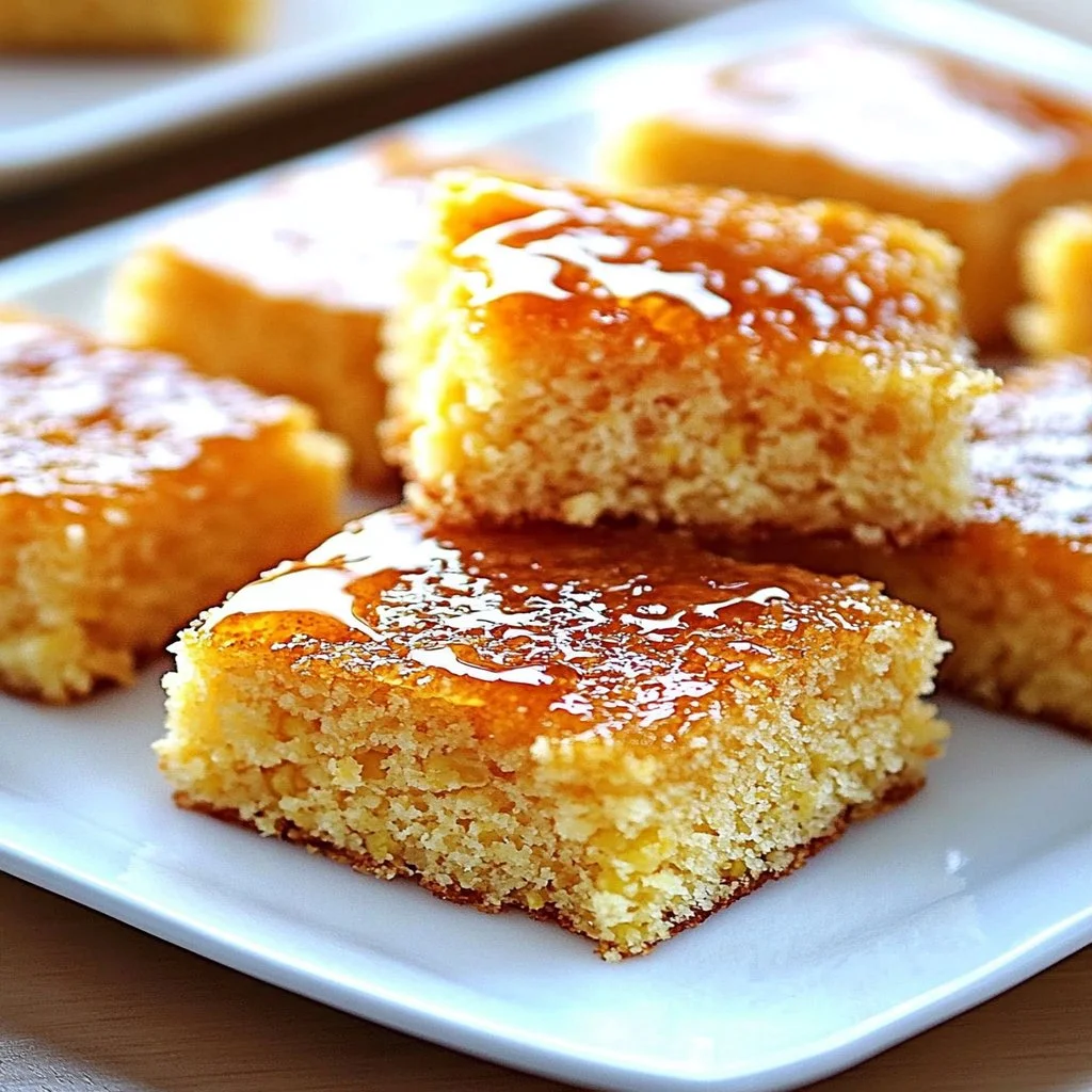 Delicious Honey Butter Cornbread served warm with honey glaze
