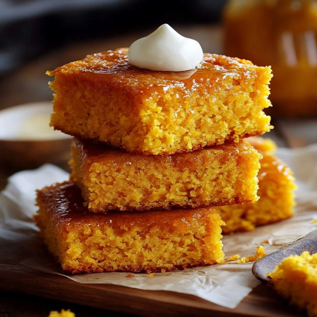 A slice of honey butter sweet potato cornbread on a wooden serving board