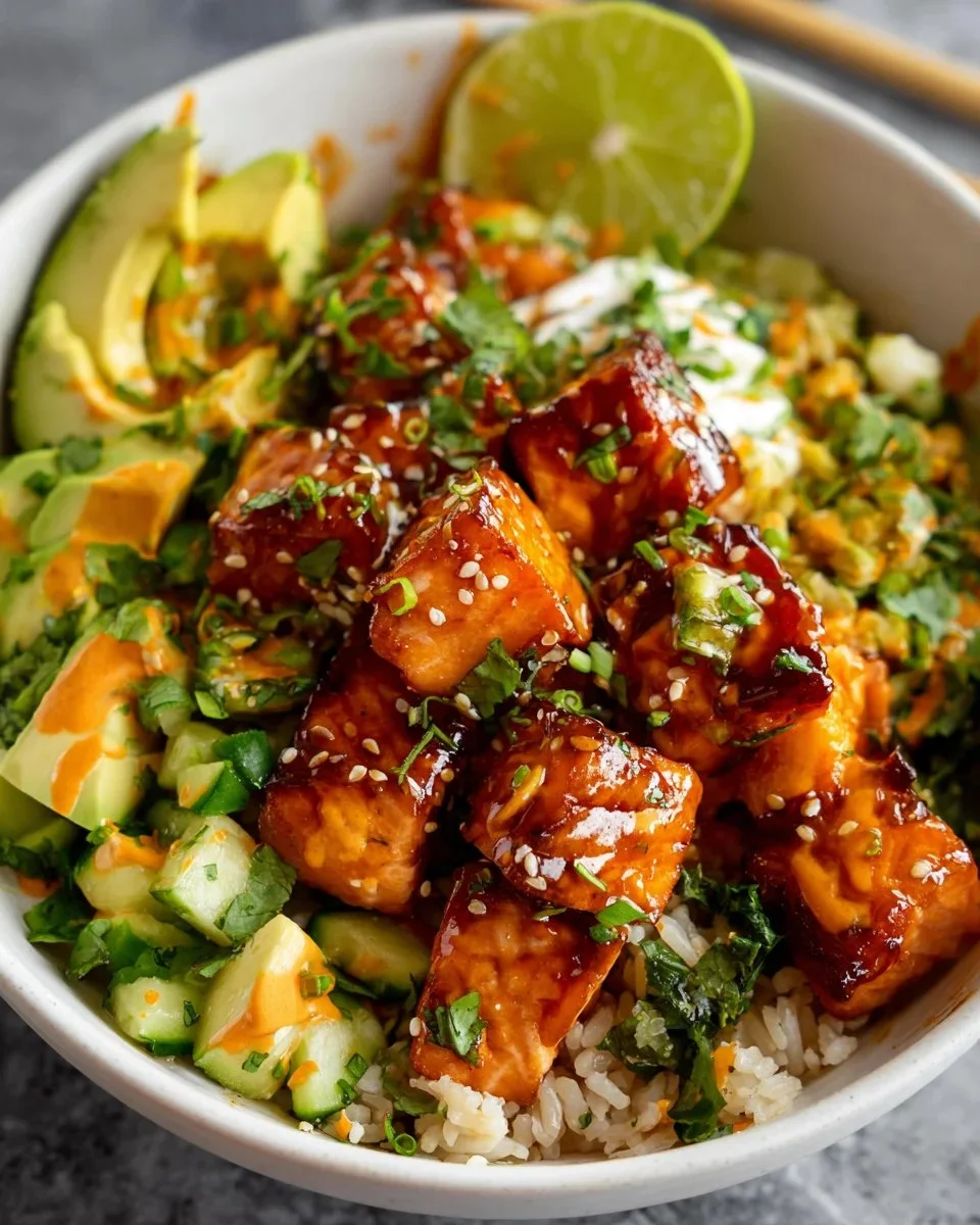 Honey glazed salmon rice bowl garnished with vegetables and sesame seeds