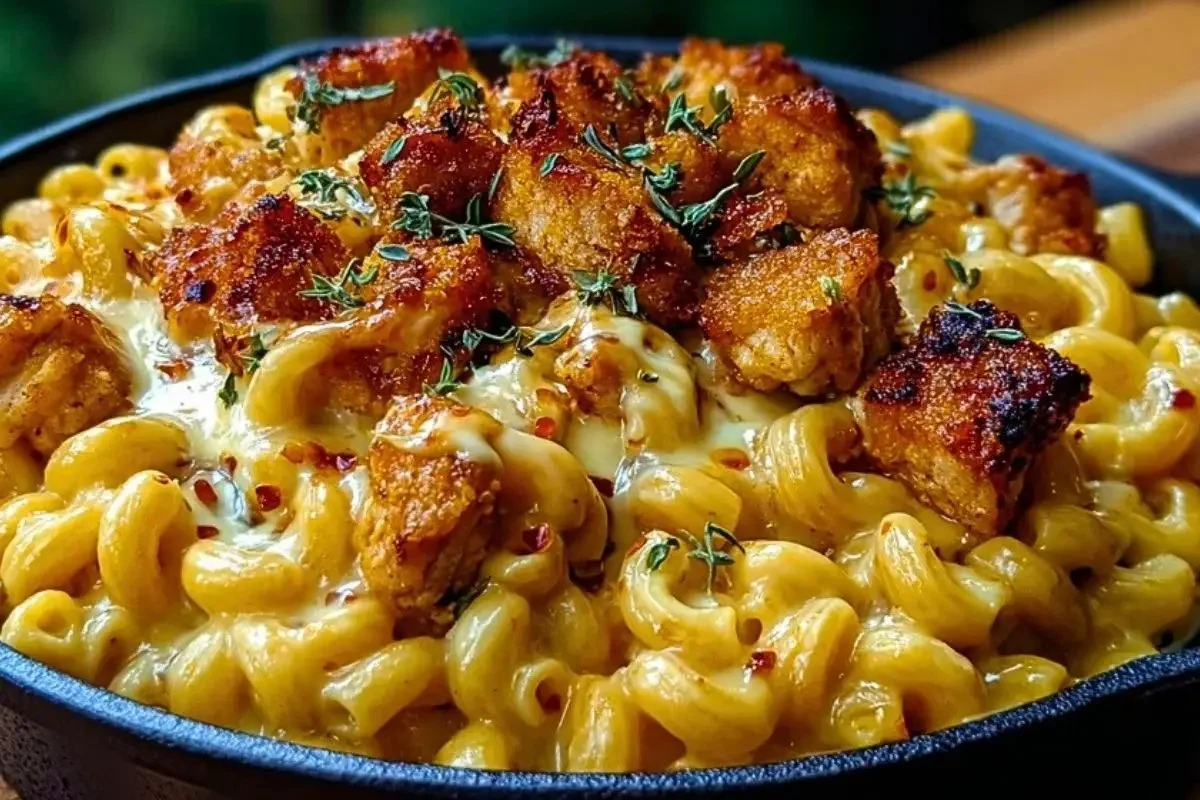 Delicious Honey Pepper Chicken Mac and Cheese dish on a plate