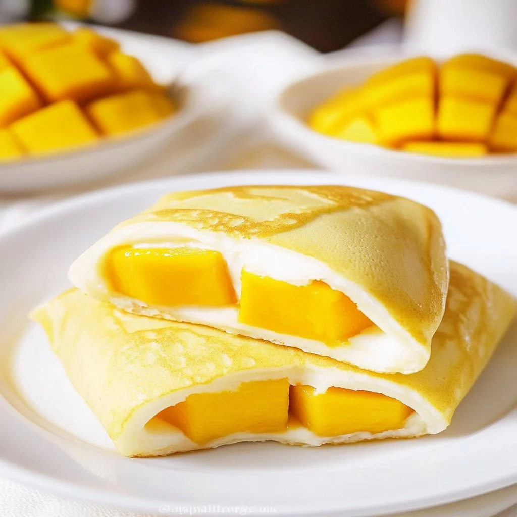 Delicious Hong Kong Style Mango Pancakes topped with fresh mango slices