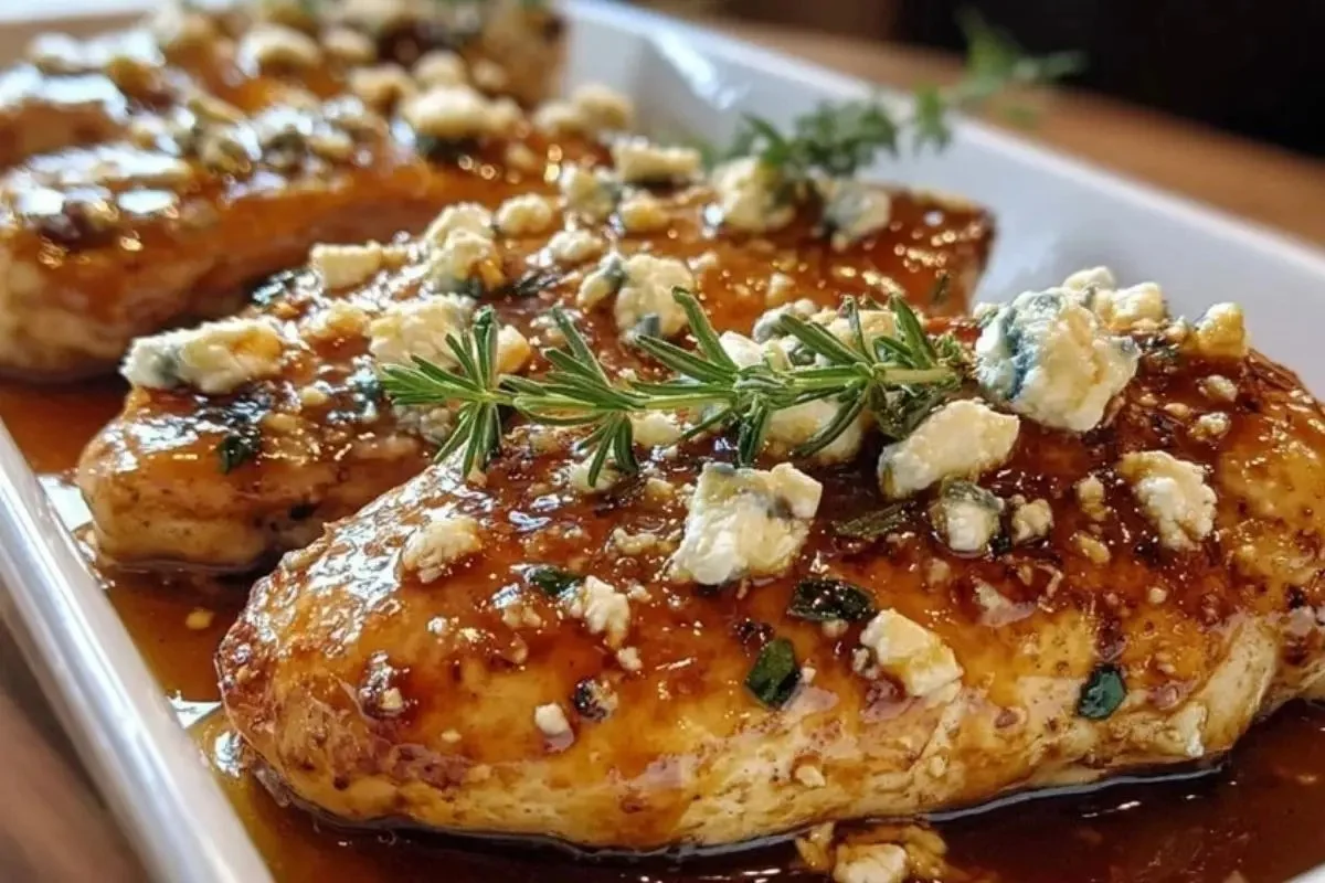 Delicious Hot Honey Infused Feta Chicken served on a plate with herbs