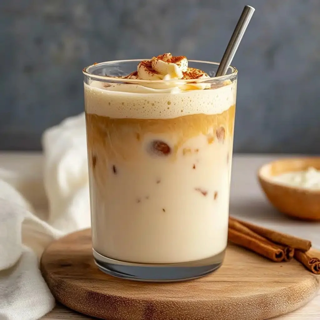 Iced Pumpkin Cream Chai Tea Latte in a glass with a sprinkle of cinnamon