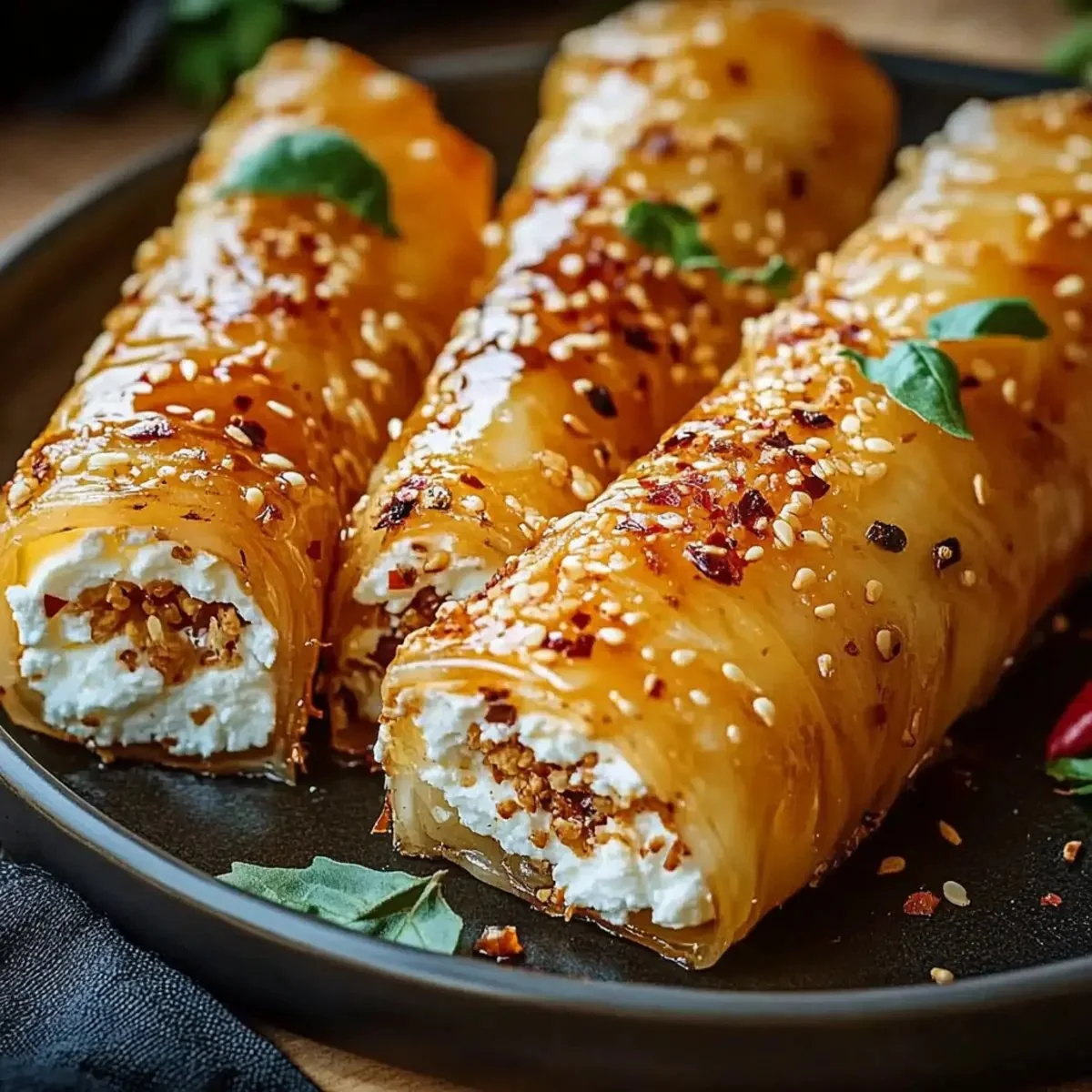 Indulgent oven fried feta rolls drizzled with sweet chili honey sauce