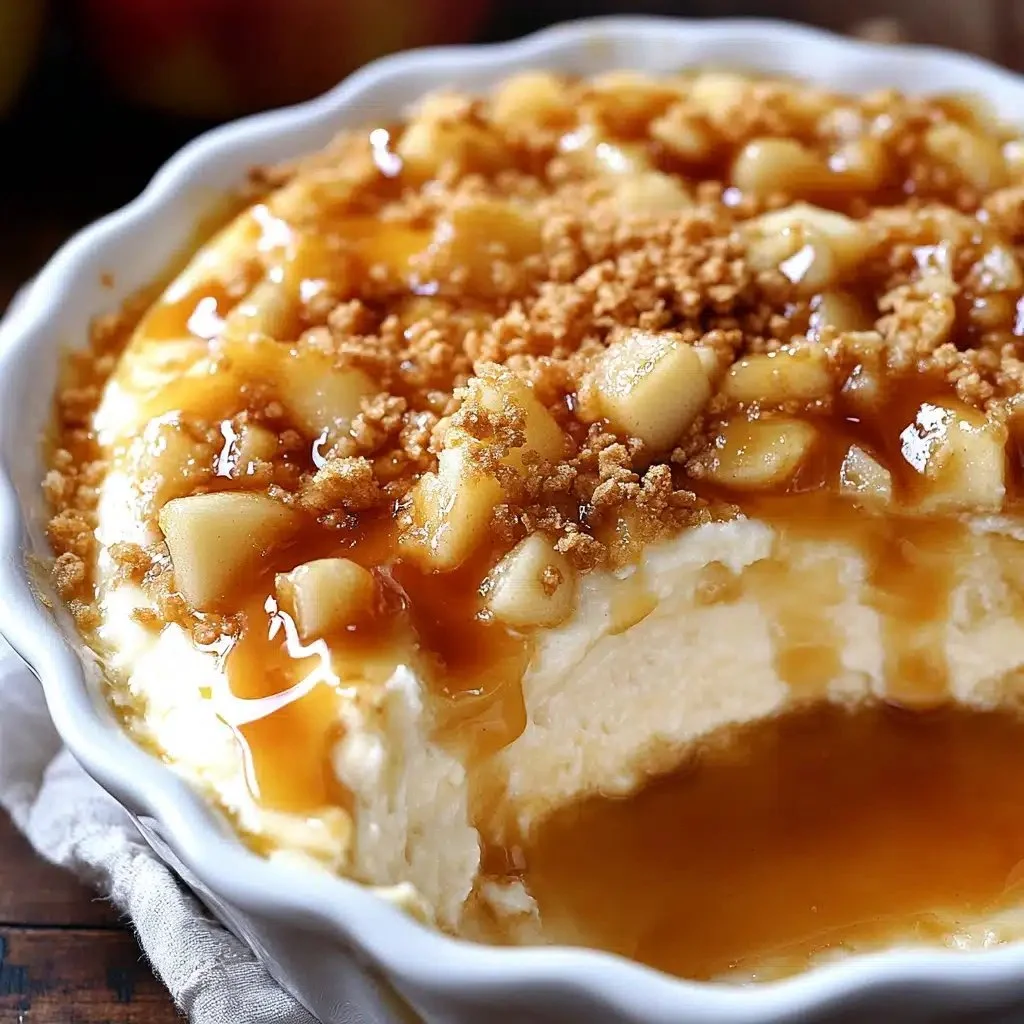 Delicious caramel apple cheesecake dip served in a bowl with apples and caramel