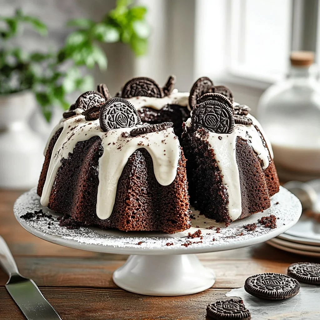 Delicious Chocolate Oreo Bundt Cake topped with creamy icing and Oreo crumbs